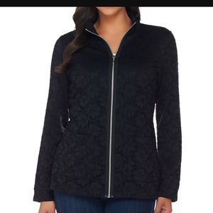 Denim and Co. 1X lace full zip jacket in black.
